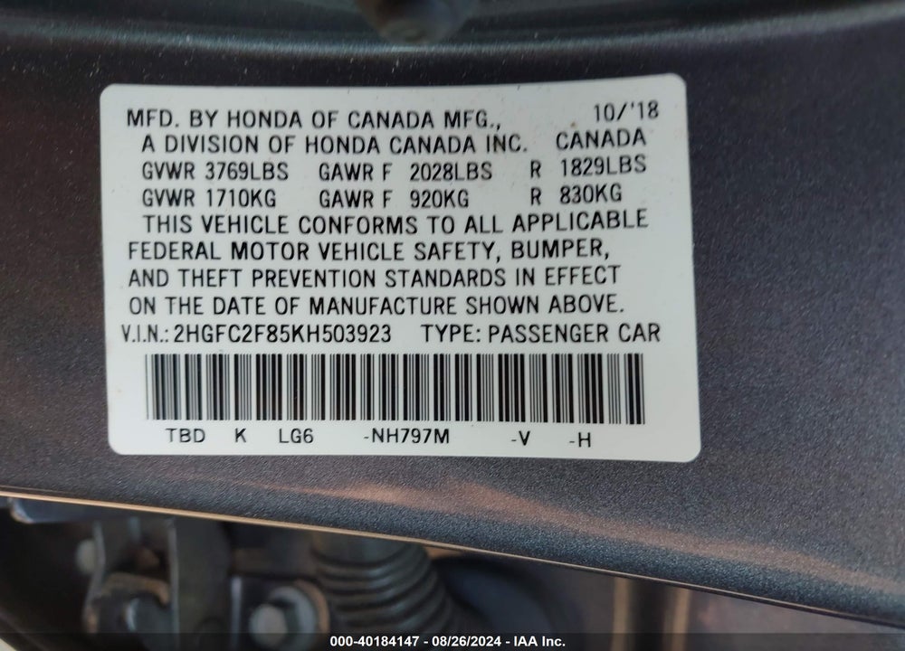 2019 HONDA CIVIC SPORT VIN: 2HGFC2F85KH503923