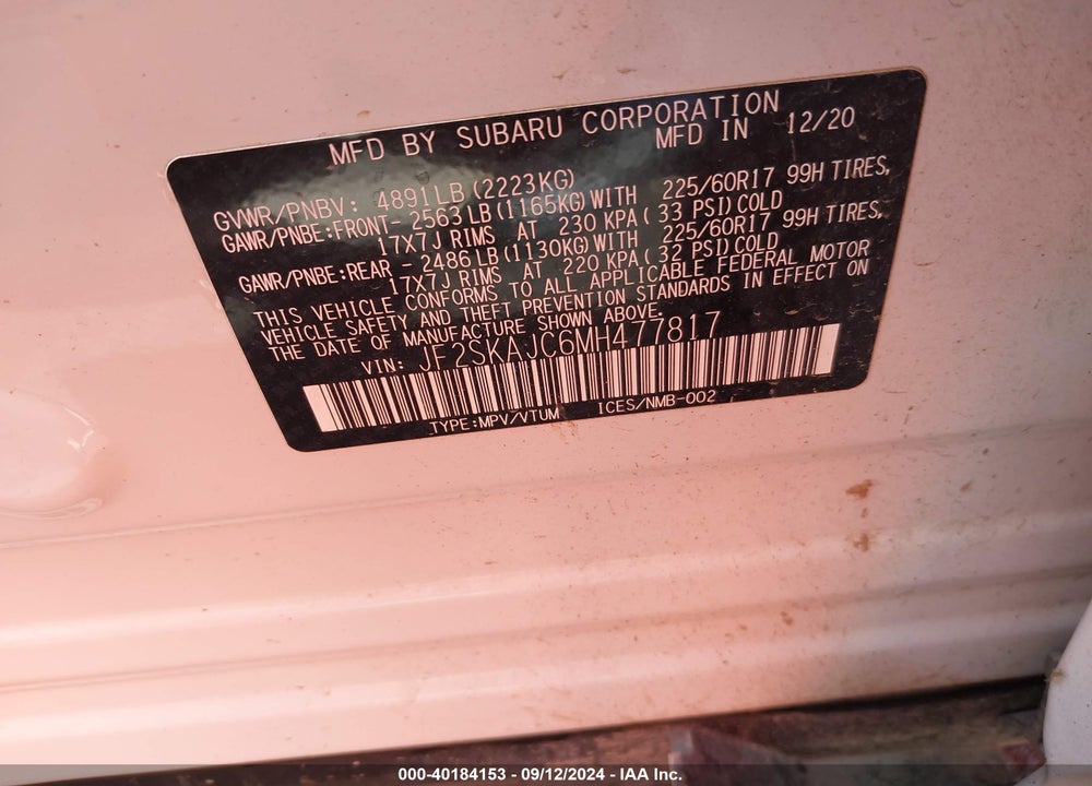 2021 SUBARU FORESTER PREMIUM VIN: JF2SKAJC6MH477817