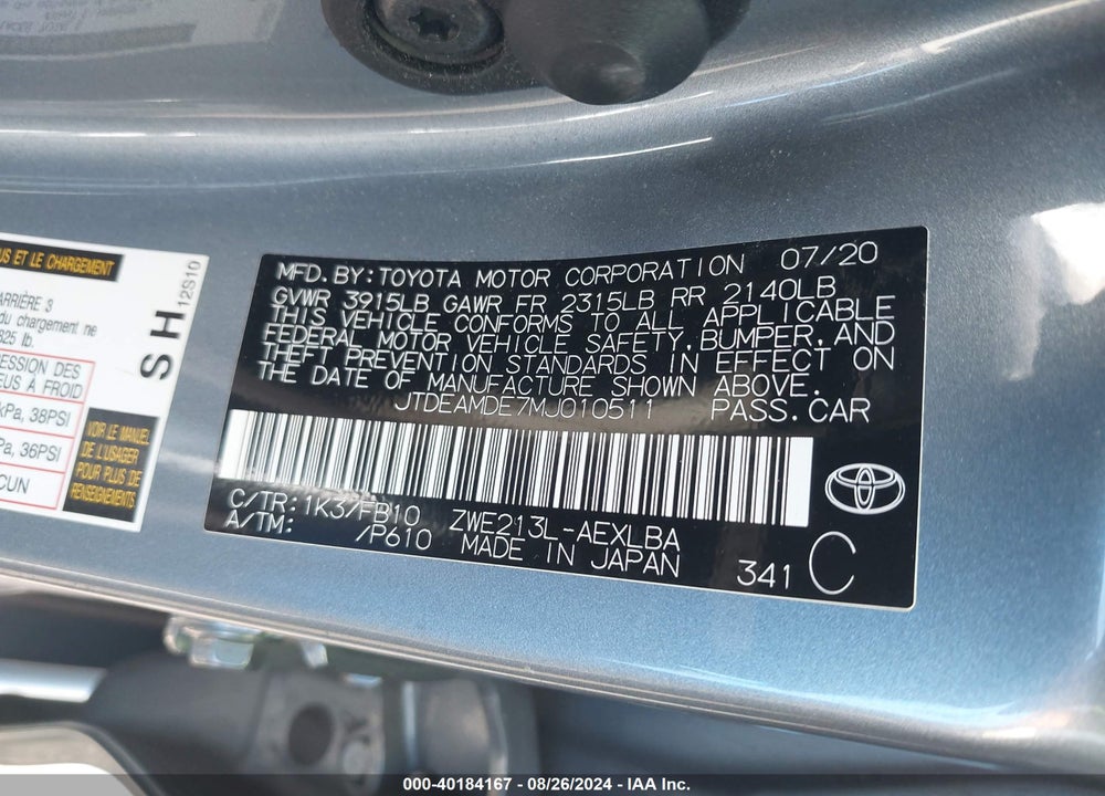 2021 TOYOTA COROLLA HYBRID LE VIN: JTDEAMDE7MJ010511