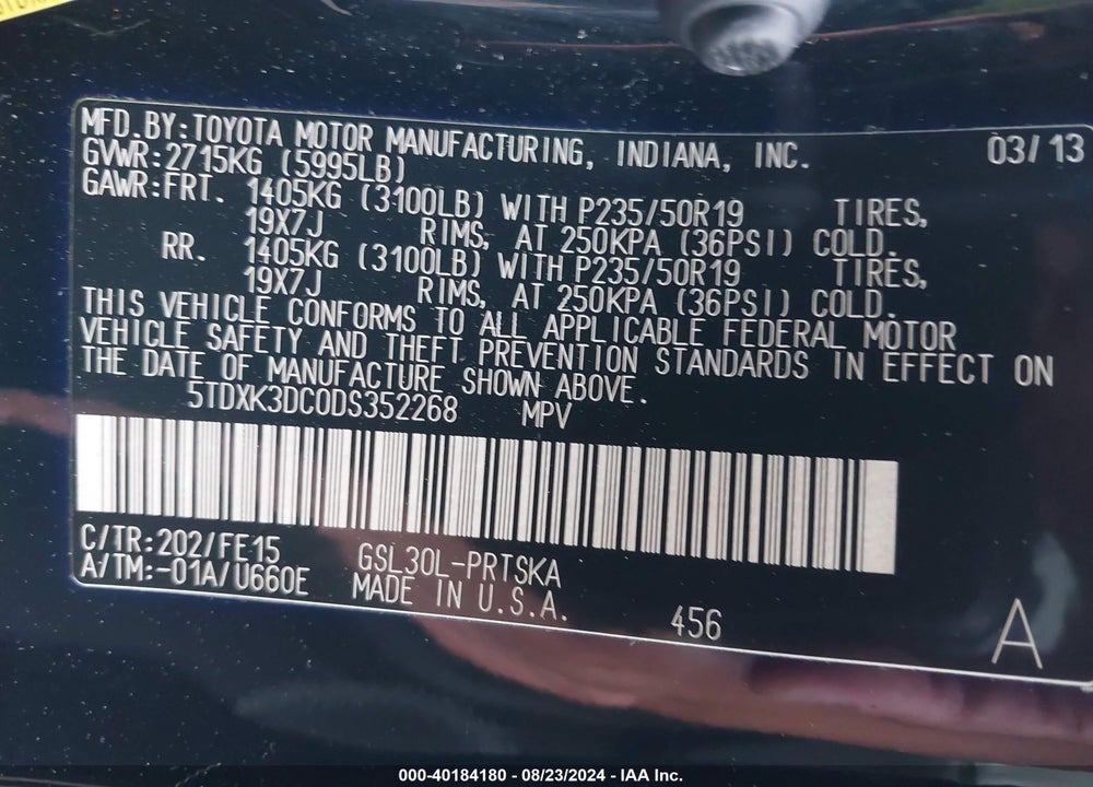 2013 TOYOTA SIENNA SE 8 PASSENGER VIN: 5TDXK3DC0DS352268