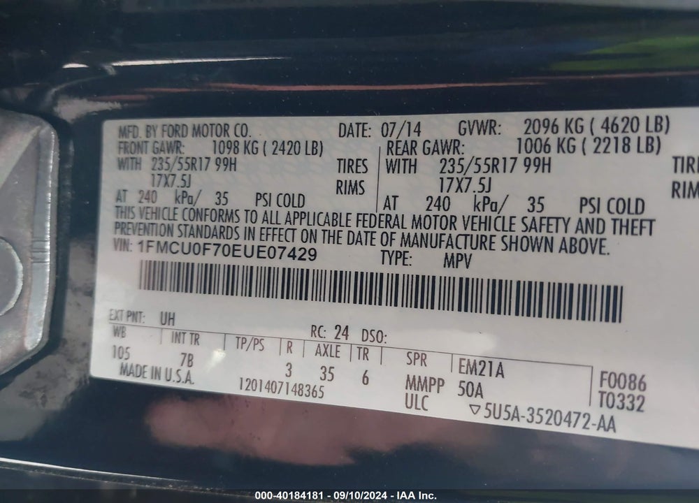 2014 FORD ESCAPE S VIN: 1FMCU0F70EUE07429