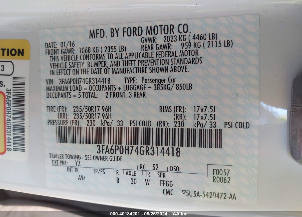 2016 FORD FUSION SE VIN: 3FA6P0H74GR314418