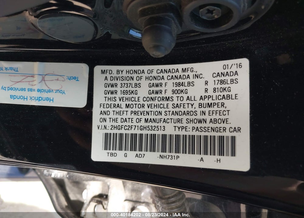 2016 HONDA CIVIC EX VIN: 2HGFC2F71GH532513