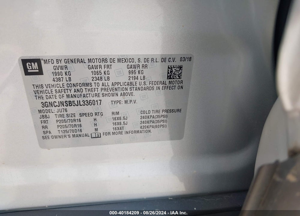 2018 CHEVROLET TRAX LS VIN: 3GNCJNSB5JL336017