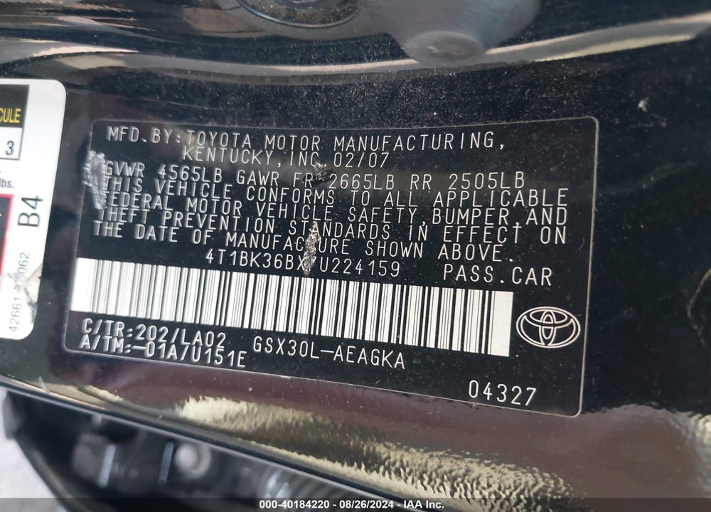 2007 TOYOTA AVALON XLS VIN: 4T1BK36BX7U224159