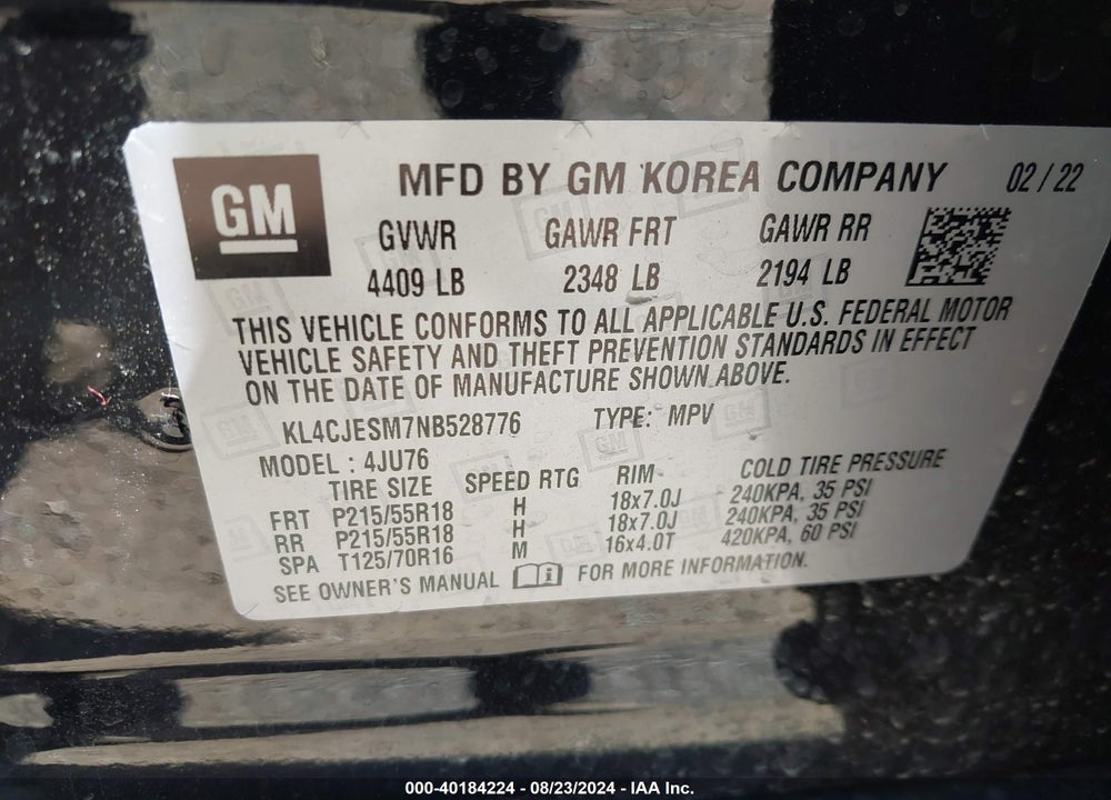 2022 BUICK ENCORE AWD PREFERRED VIN: KL4CJESM7NB528776