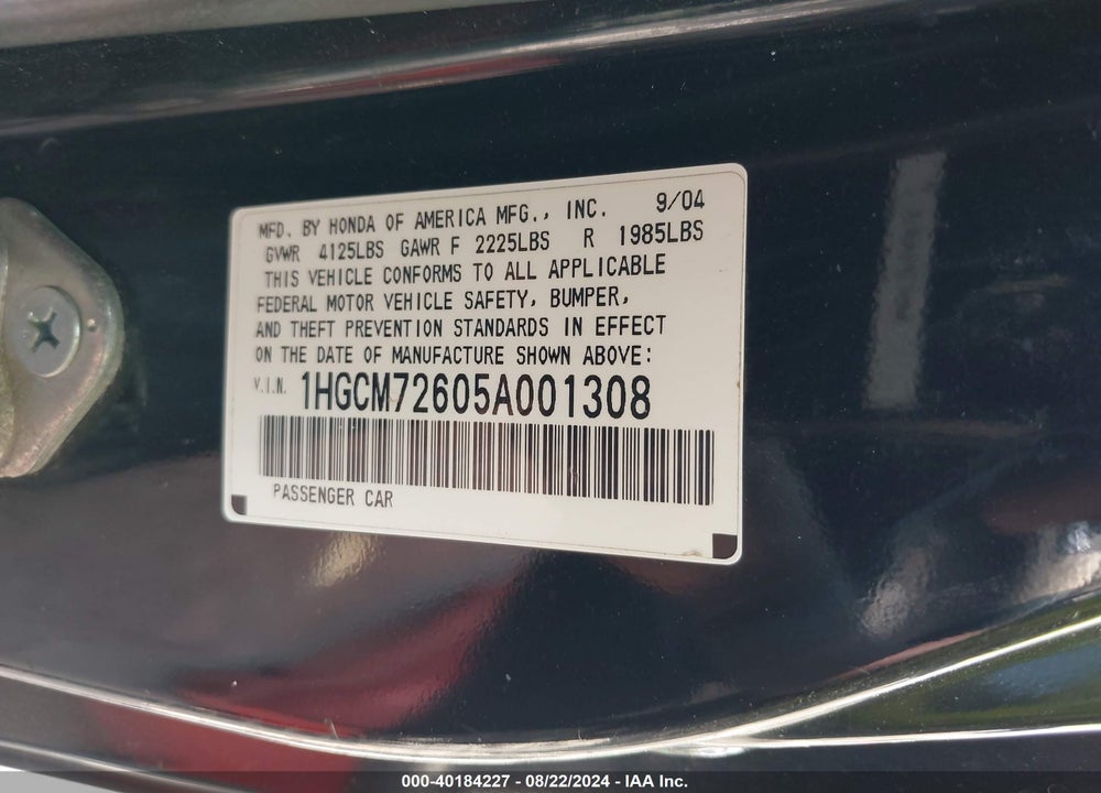 2005 HONDA ACCORD 2.4 EX VIN: 1HGCM72605A001308