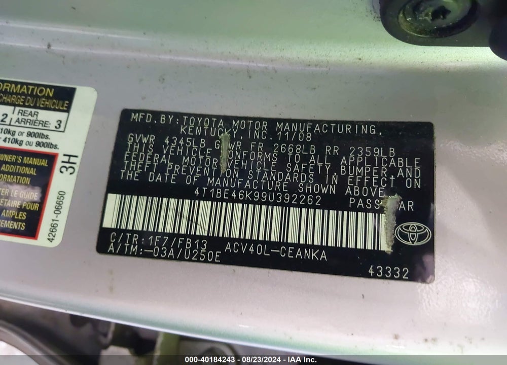 2009 TOYOTA CAMRY LE VIN: 4T1BE46K99U392262