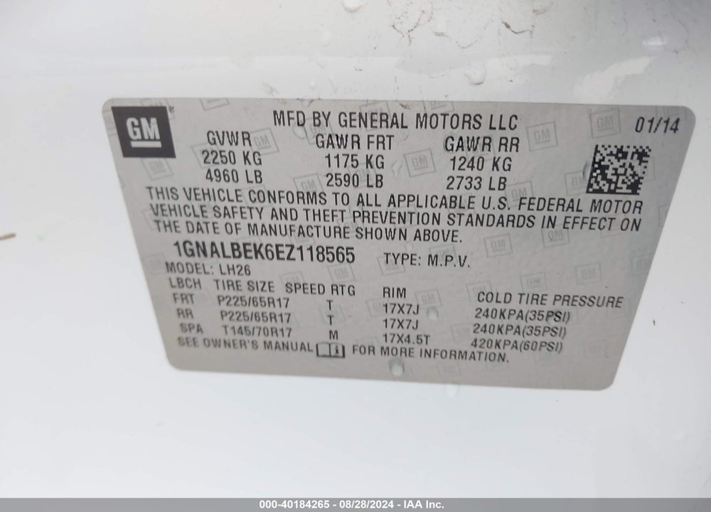 2014 CHEVROLET EQUINOX 1LT VIN: 1GNALBEK6EZ118565