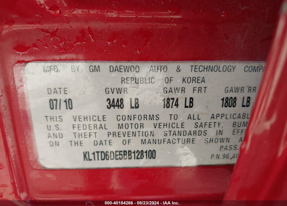 2011 CHEVROLET AVEO 1LT VIN: KL1TD6DE5BB128100