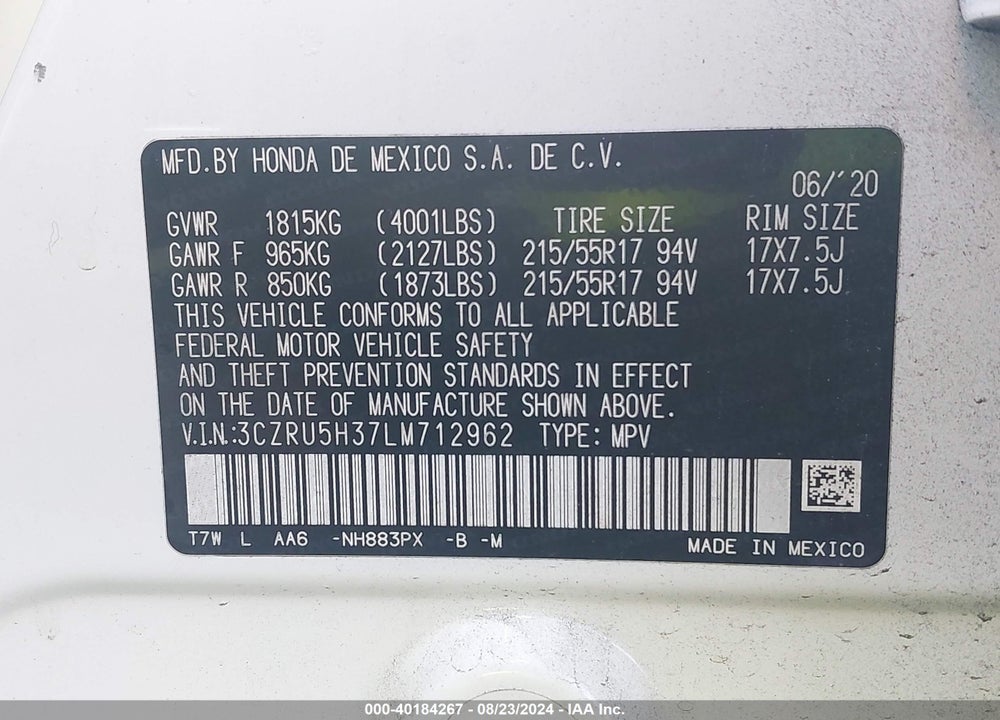 2020 HONDA HR-V 2WD LX VIN: 3CZRU5H37LM712962