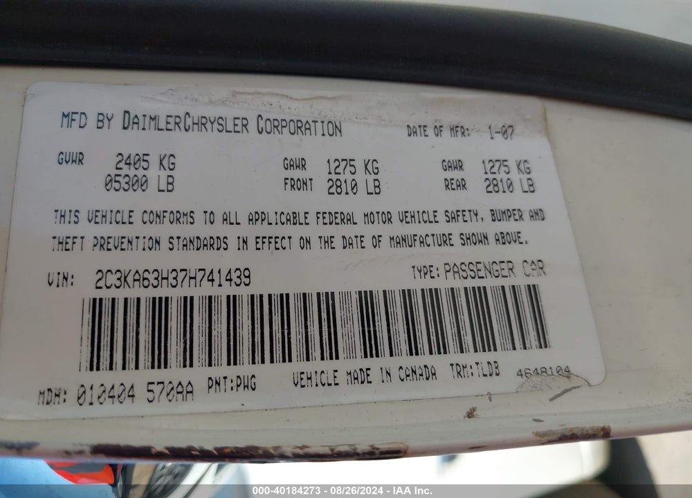 2007 CHRYSLER 300C VIN: 2C3KA63H37H741439