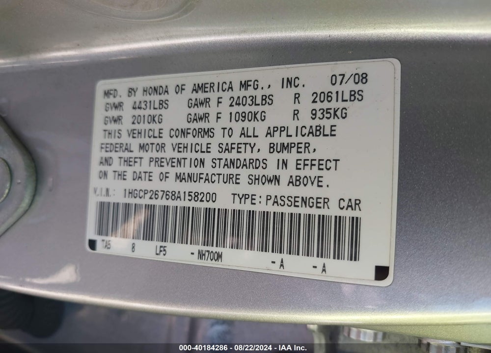 2008 HONDA ACCORD 2.4 EX VIN: 1HGCP26768A158200