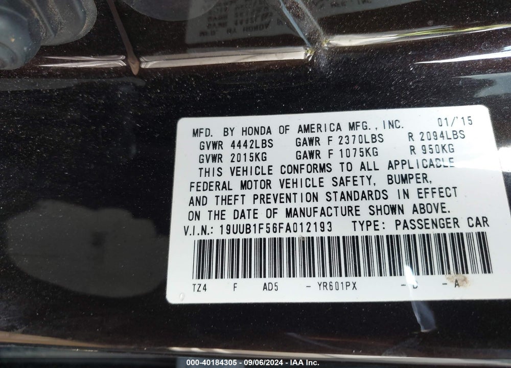 2015 ACURA TLX TECH VIN: 19UUB1F56FA012193