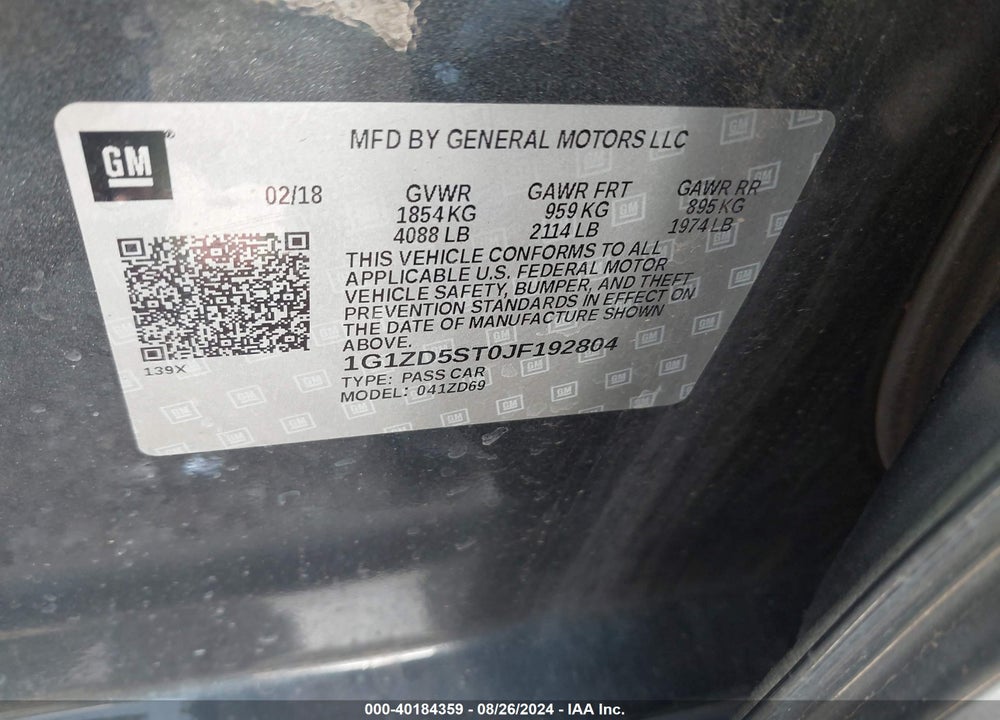 2018 CHEVROLET MALIBU LT VIN: 1G1ZD5ST0JF192804