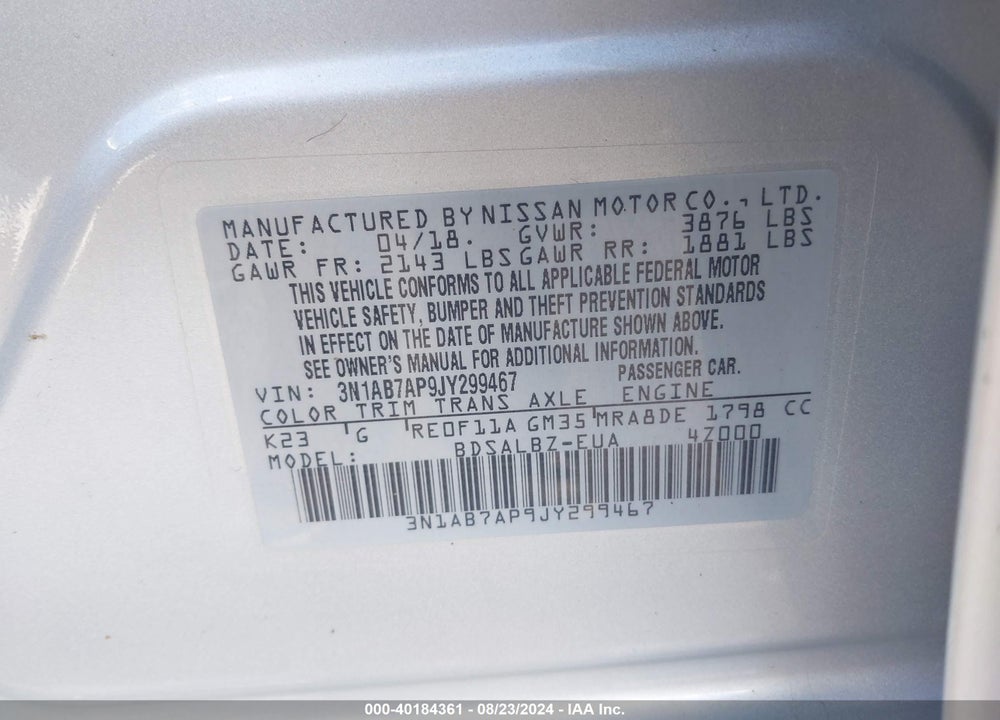 2018 NISSAN SENTRA S VIN: 3N1AB7AP9JY299467