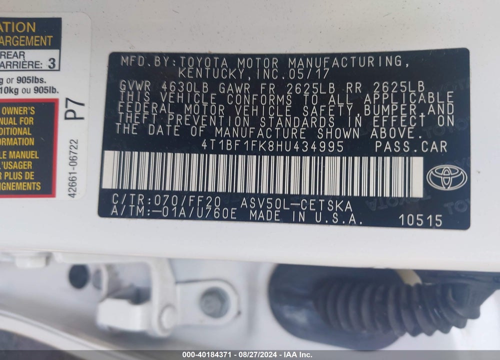 2017 TOYOTA CAMRY SE VIN: 4T1BF1FK8HU434995