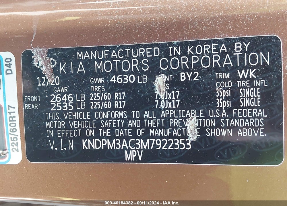 2021 KIA SPORTAGE VIN: KNDPM3AC3M7922353