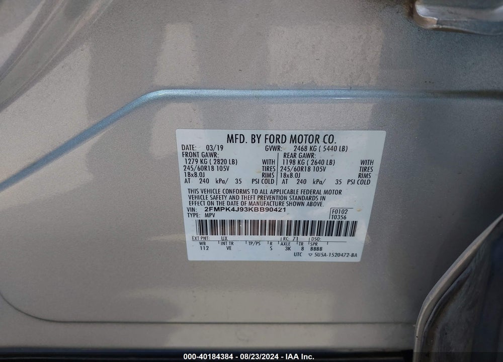 2019 FORD EDGE SEL VIN: 2FMPK4J93KBB90421