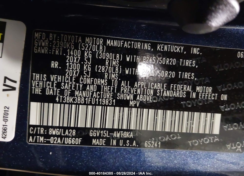 2015 TOYOTA VENZA XLE V6 VIN: 4T3BK3BB1FU119831