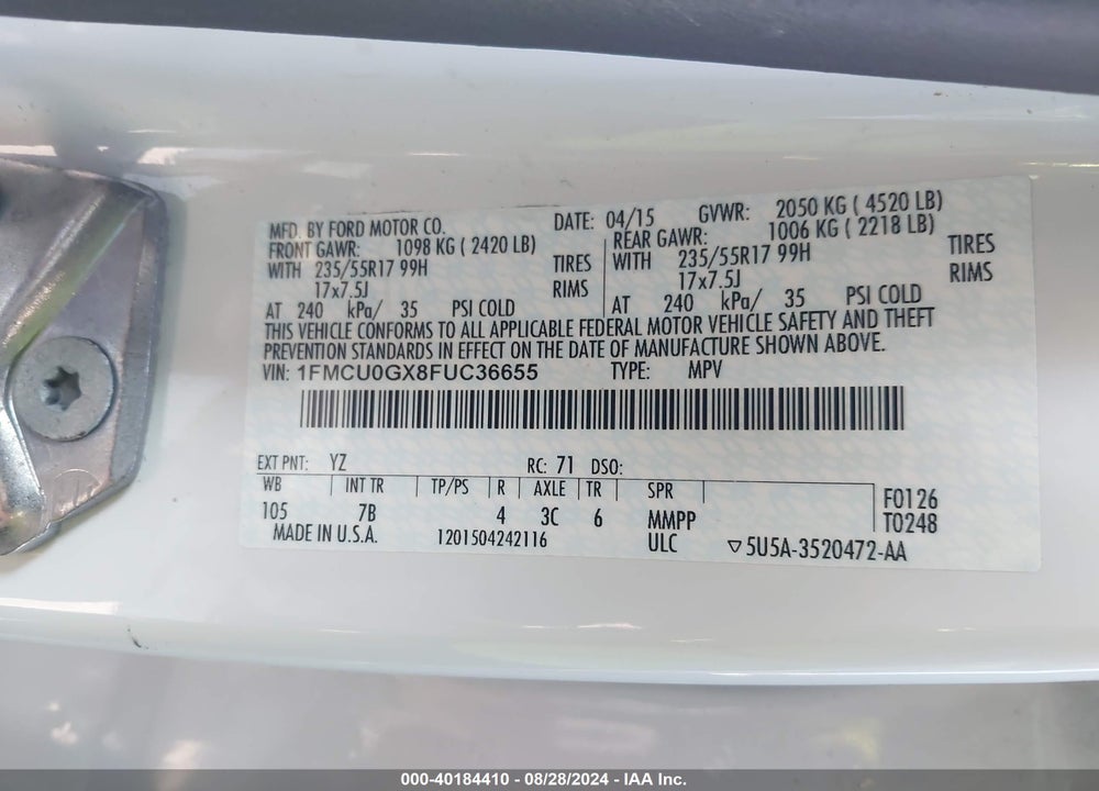 2015 FORD ESCAPE SE VIN: 1FMCU0GX8FUC36655