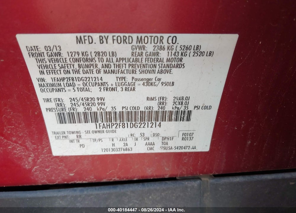 2013 FORD TAURUS LIMITED VIN: 1FAHP2F81DG221214