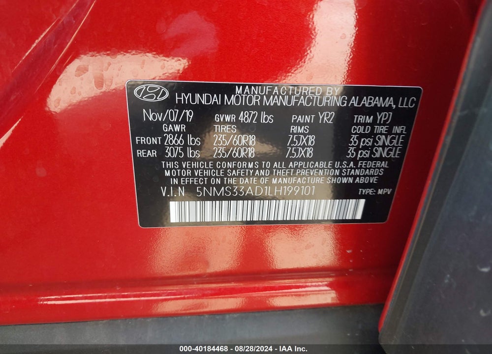 2020 HYUNDAI SANTA FE SEL VIN: 5NMS33AD1LH199101