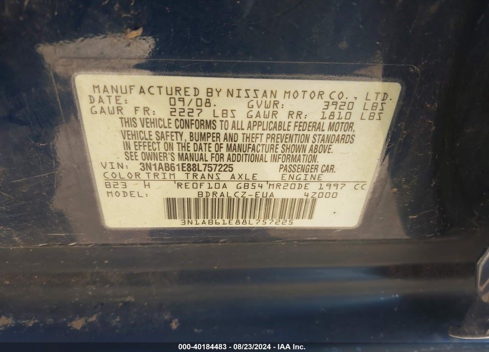 2008 NISSAN SENTRA 2.0 VIN: 3N1AB61E88L757225