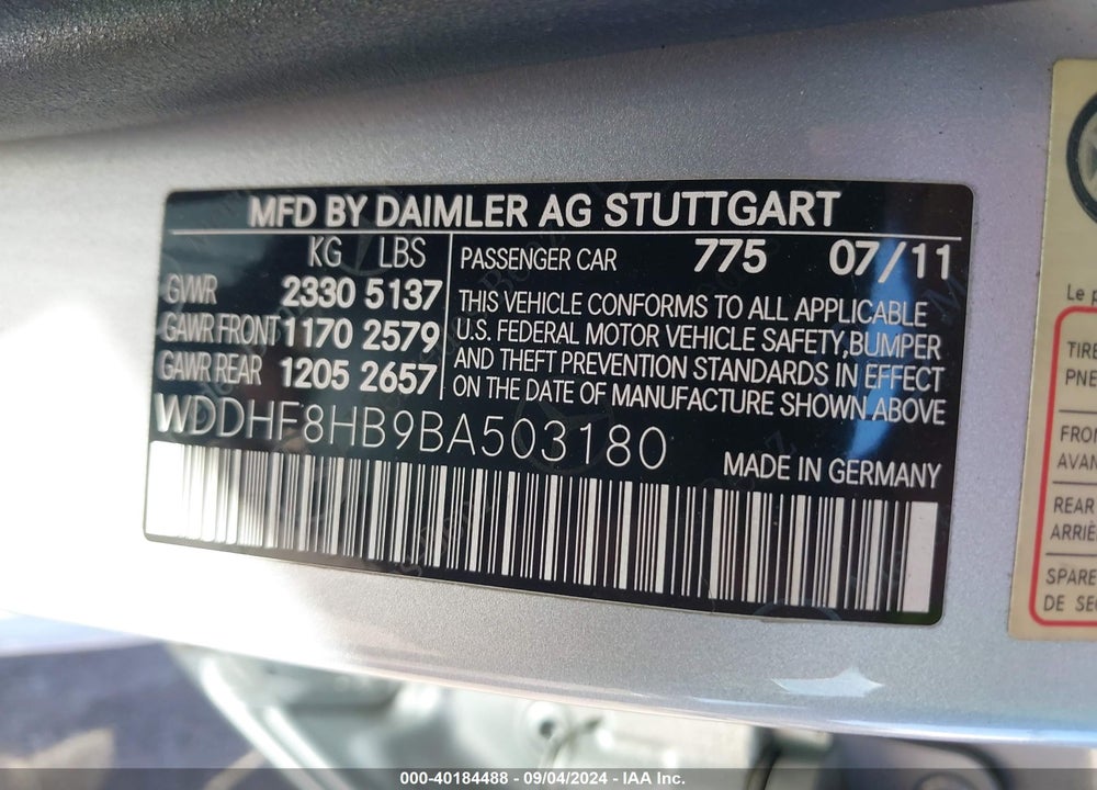 2011 MERCEDES-BENZ E 350 4MATIC VIN: WDDHF8HB9BA503180