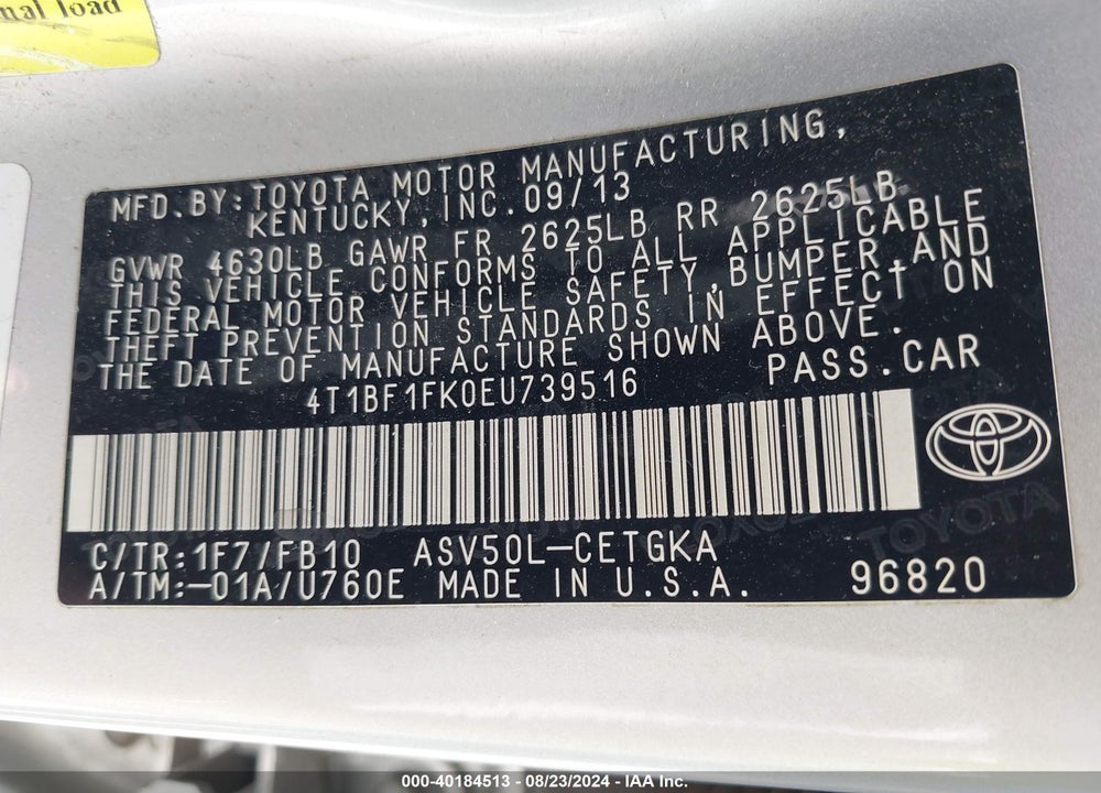 2014 TOYOTA CAMRY XLE VIN: 4T1BF1FK0EU739516