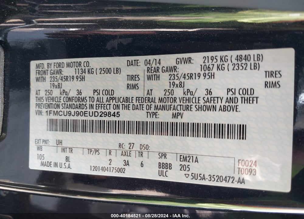 2014 FORD ESCAPE TITANIUM VIN: 1FMCU9J90EUD29845
