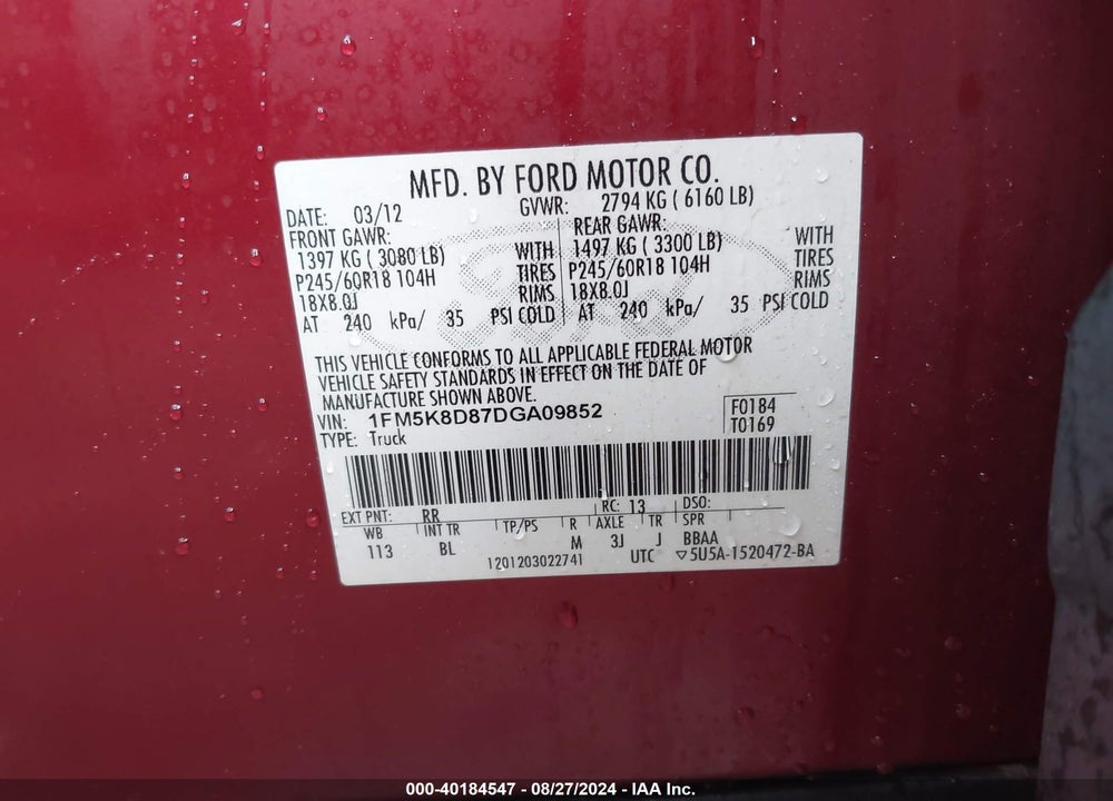 2013 FORD EXPLORER XLT VIN: 1FM5K8D87DGA09852