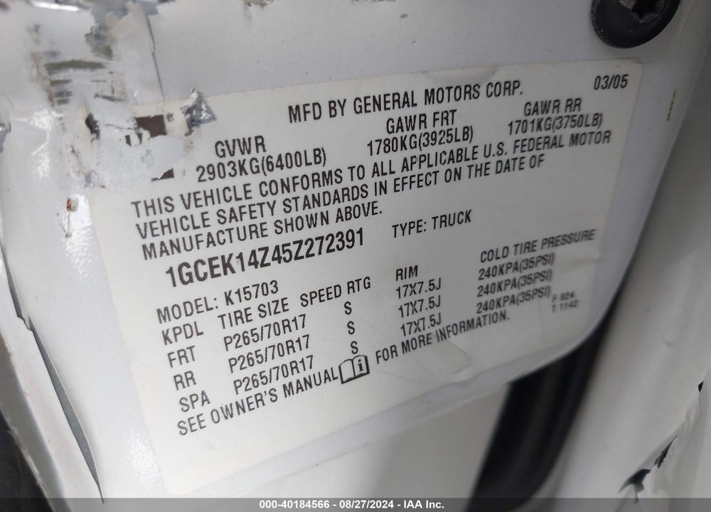 2005 CHEVROLET SILVERADO 1500 Z71 VIN: 1GCEK14Z45Z272391