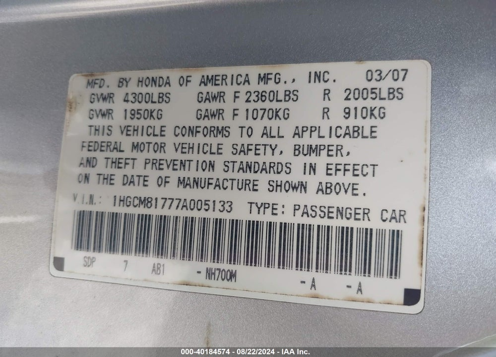 2007 HONDA ACCORD 3.0 EX VIN: 1HGCM81777A005133