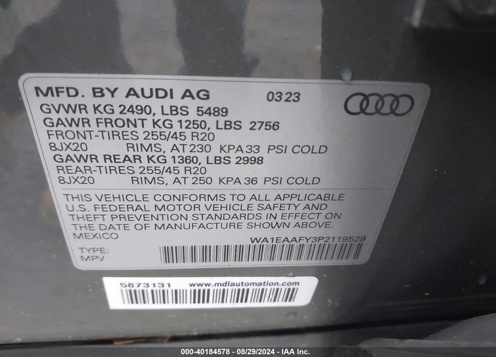 2023 AUDI Q5 PREMIUM PLUS 45 TFSI S LINE QUATTRO VIN: WA1EAAFY3P2119529