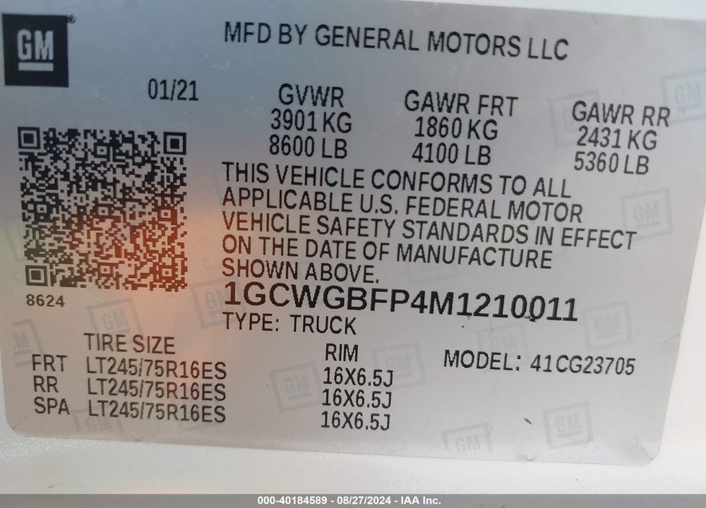 2021 CHEVROLET EXPRESS CARGO RWD 2500 EXTENDED WHEELBASE WT VIN: 1GCWGBFP4M1210011