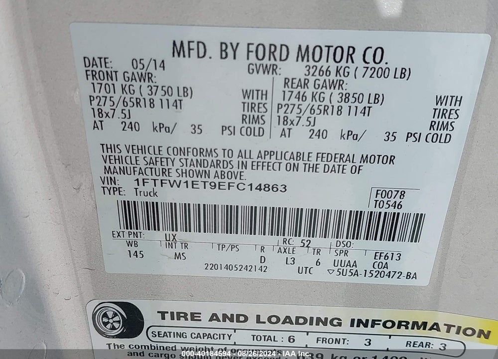 2014 FORD F-150 XLT VIN: 1FTFW1ET9EFC14863