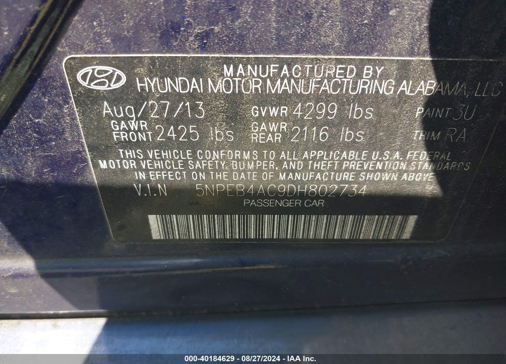2013 HYUNDAI SONATA GLS VIN: 5NPEB4AC9DH802734