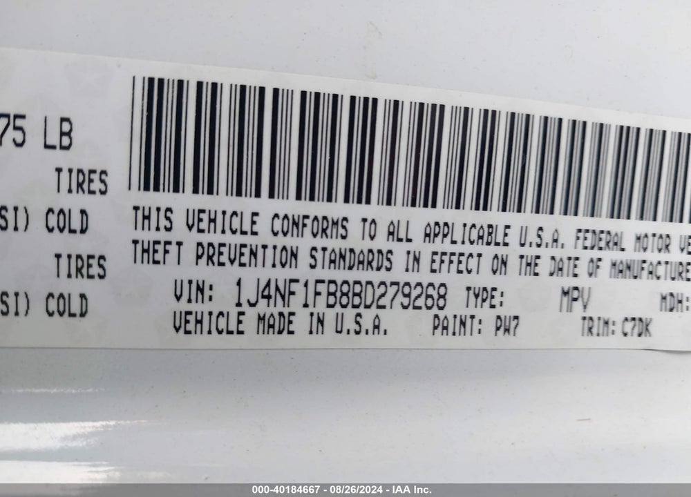 2011 JEEP COMPASS VIN: 1J4NF1FB8BD279268