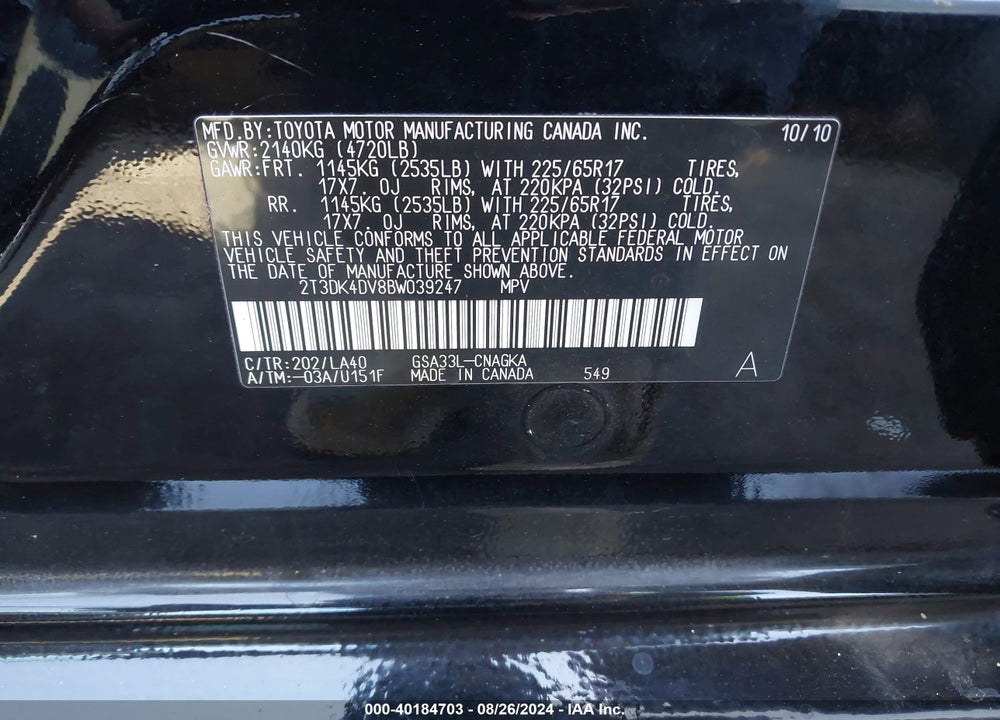 2011 TOYOTA RAV4 LIMITED V6 VIN: 2T3DK4DV8BW039247