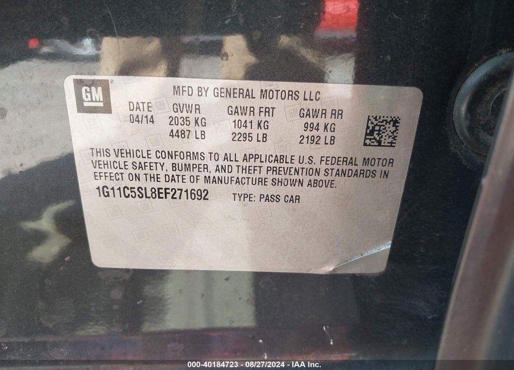 2014 CHEVROLET MALIBU 1LT VIN: 1G11C5SL8EF271692