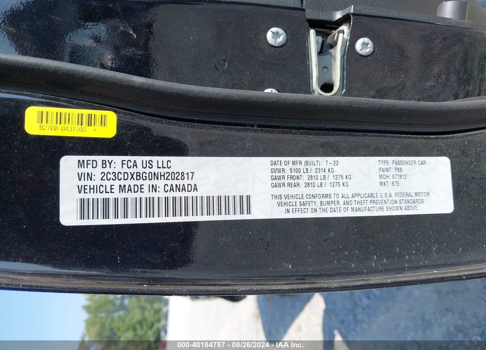 2022 DODGE CHARGER SXT RWD VIN: 2C3CDXBG0NH202817