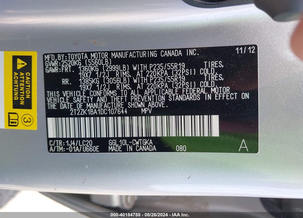 2013 LEXUS RX 350 VIN: 2T2ZK1BA1DC107644