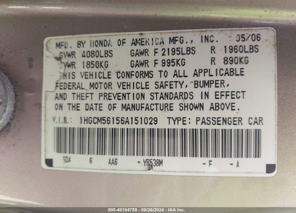 2006 HONDA ACCORD 2.4 VP VIN: 1HGCM56156A151029