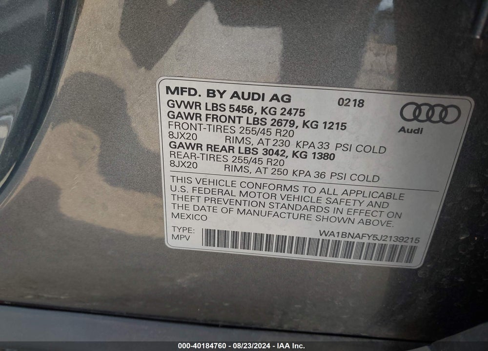 2018 AUDI Q5 2.0T PREMIUM/2.0T TECH PREMIUM VIN: WA1BNAFY5J2139215