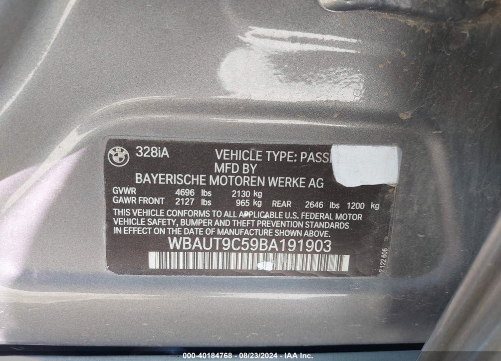 2011 BMW 328I VIN: WBAUT9C59BA191903