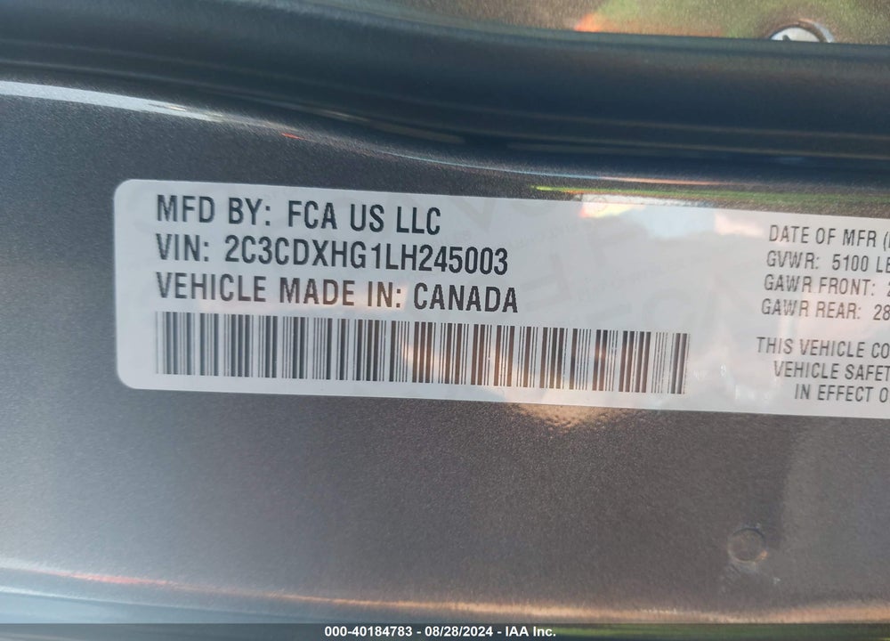 2020 DODGE CHARGER GT RWD VIN: 2C3CDXHG1LH245003