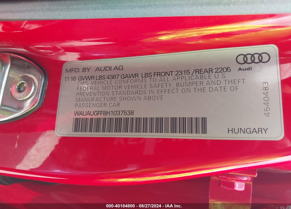 2017 AUDI A3 2.0T PREMIUM VIN: WAUAUGFF8H1037538