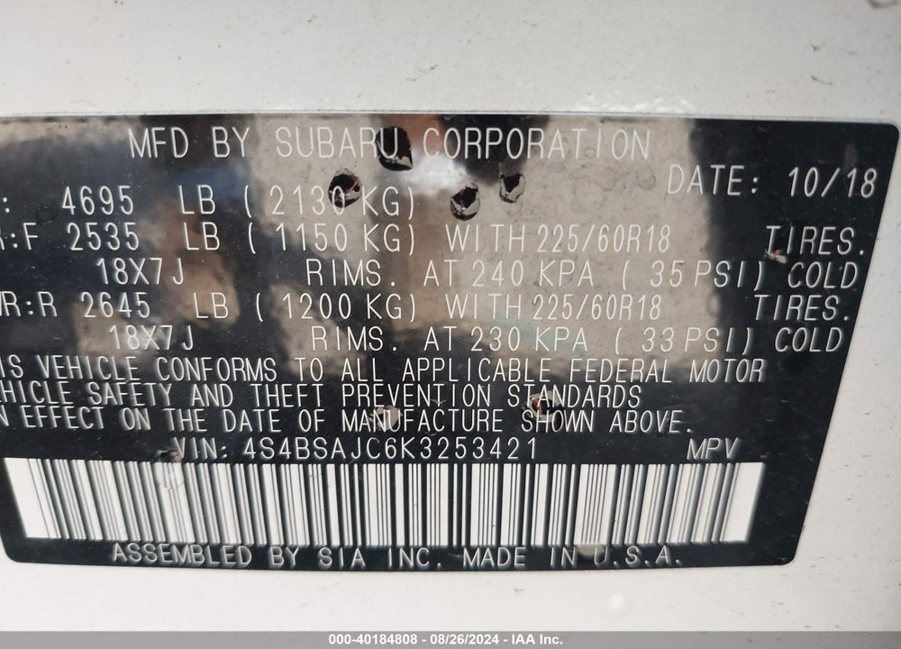 2019 SUBARU OUTBACK 2.5I LIMITED VIN: 4S4BSAJC6K3253421