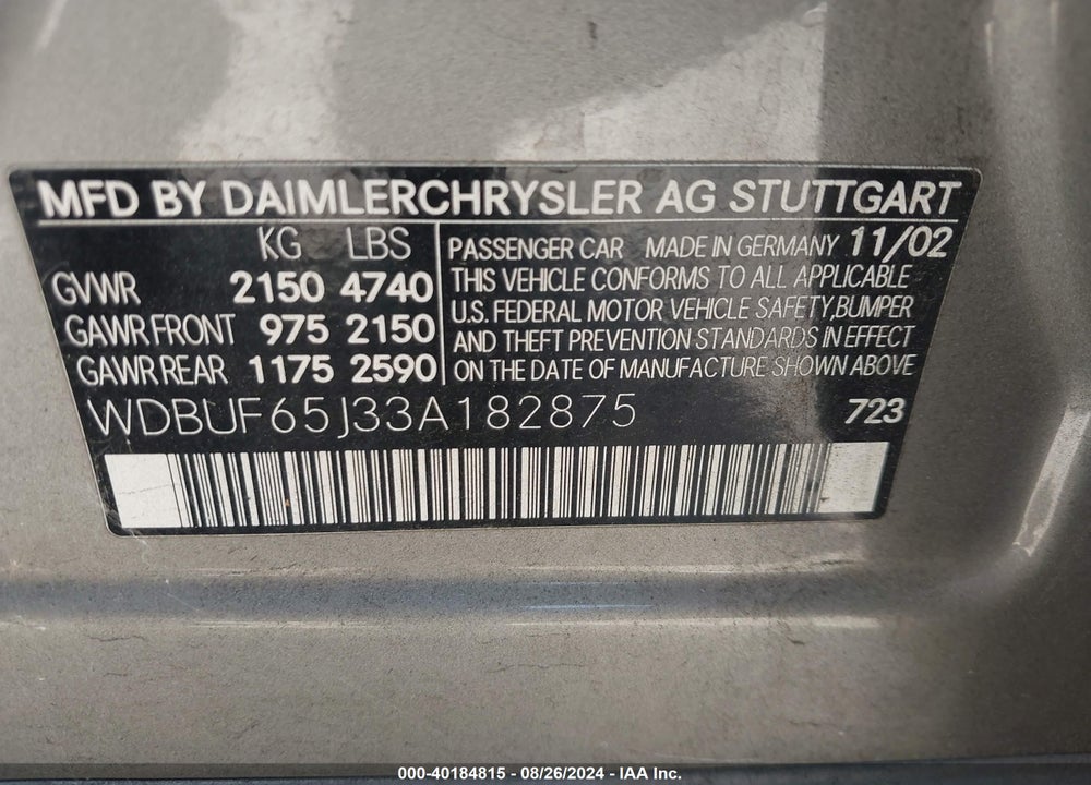 2003 MERCEDES-BENZ E 320 VIN: WDBUF65J33A182875
